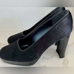 Stuart Weitzman pony hair leather chunky high heel round toe 5.5 like new black
